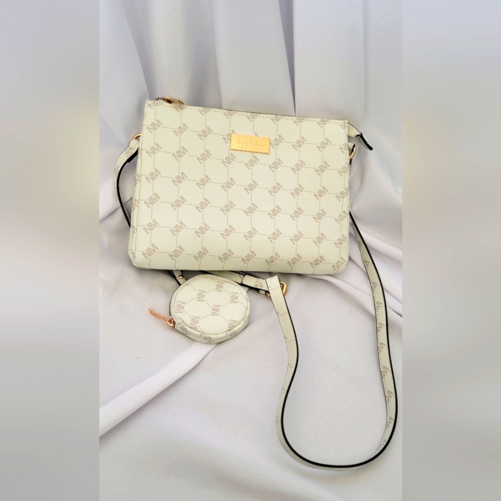 Nicole Miller Cream Crossbody Bag with Gold Accents & Coin Pouch